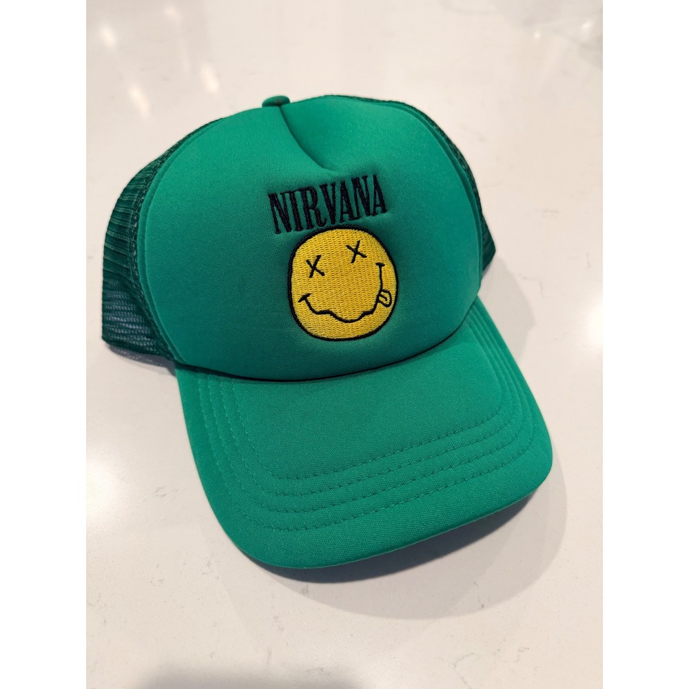 Nirvana Trucker Hat Unisex OSFA Green Smiley Face Logo Snapback Cap